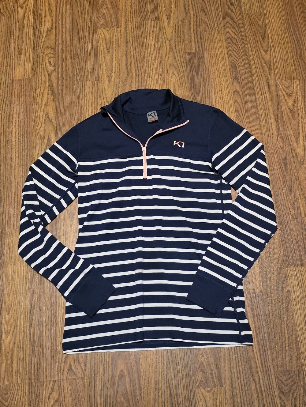 Kari Traa Maske Merino 100% Wool Base Layer Women’s L Navy Stripe 1/4 Zip